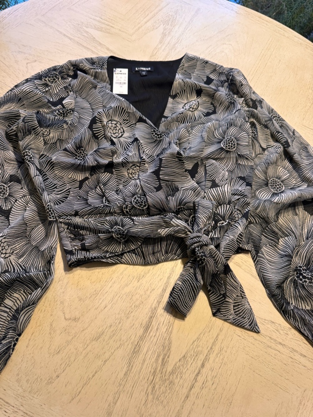 Express Black Floral Tie-Front Wrap Blouse
